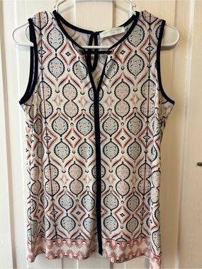 Adrienne Vittadini Pink, Black and Cream Printed V-Neck Sleeveless Top
